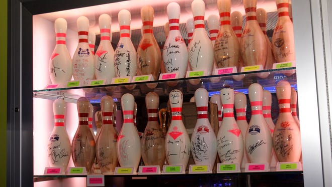 Bowling pins autographed by celebrities are on display during the SAG Indie Party held at Bowlmor Lanes in New York City during the 2008 Tribeca Film Festival.