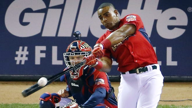 American League's Yoenis Cespedes, of the Oakland Athletics, hits during the final round of the MLB All-Star Game Home Run Derby on Monday, in Minneapolis.