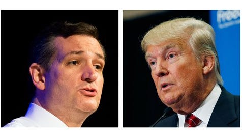 FILE - This two picture combo of file photos shows Republican presidential candidate, Sen. Ted Cruz, R-Texas, left, and Donald Trump. Trump and Cruz are planning to appear together at an upcoming Capitol Hill rally against the proposed nuclear deal with Iran. Trump announced the event during an appearance Thursday in South Carolina, saying it would be "in the next few weeks."  (AP Photo/File)