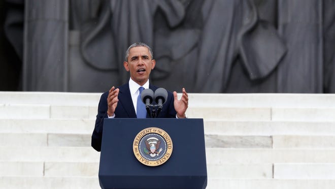 President Obama speaks on the steps of the Lincoln Memorial on Aug. 28, at the commemoration of the March on Washington.