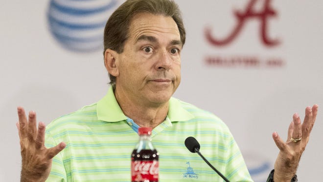 Alabama football coach Nick Saban, shown at a 2015 news conference, says the Crimson Tide is still unsure who will be its 2016 quarterback.