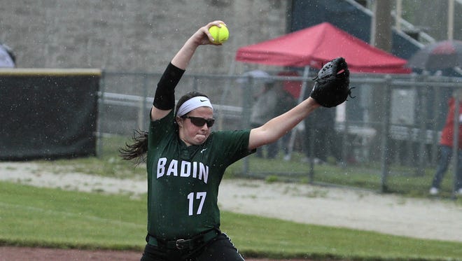 Danielle Ray of Badin, shown pitching against Roger Bacon, had five scoreless innings going into the sixth with Northwestern..