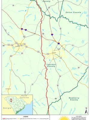 The route of a proposed natural-gas pipeline runs lengthwise through Laurens County.