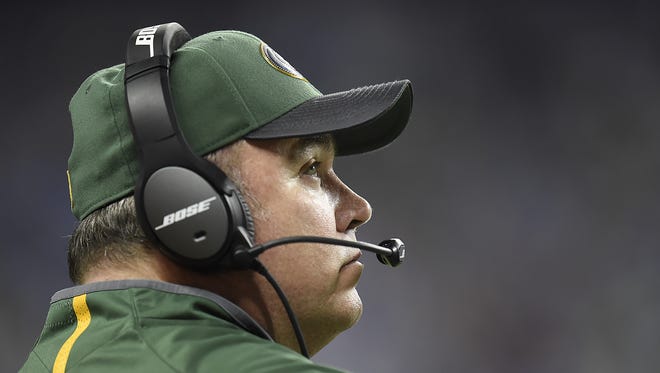 Green Bay Packers coach Mike McCarthy looks on against the Detroit Lions at Ford Field.