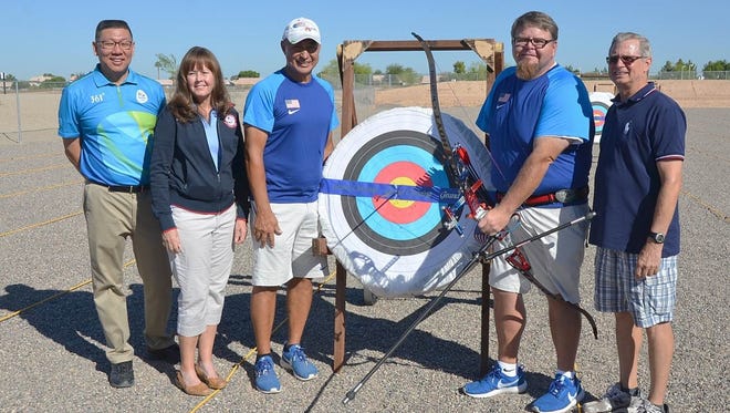 Bob Pian, Sheri Rhodes, Mel Nichols, Eric Bennett and Rick McKinney gather at the official opening of the Heroes Archery Park in Glendale on Oct. 15, 2016.