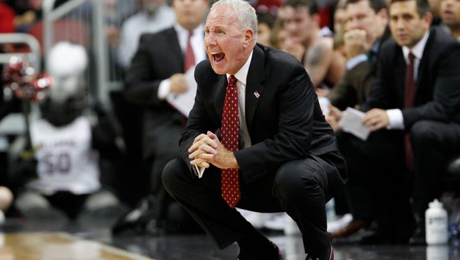  Bellarmine University head coach Scott Davenport reacts  to his teams play against the University of Louisville during the second half of play at the KFC Yum! Center in Louisville, Kentucky.       November 1, 2015