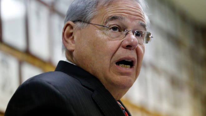 Sen. Bob Menendez, D-NJ, speaks about President Obama's planned trip to Cuba during a news conference, Feb. 18, 2016, in Union City, N.J.