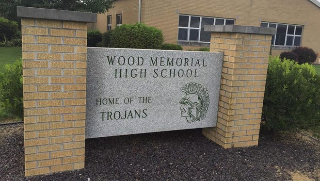 The sign outside Wood Memorial High School in Oakland City, Indiana. Wood Memorial is part of the East Gibson School Corporation.