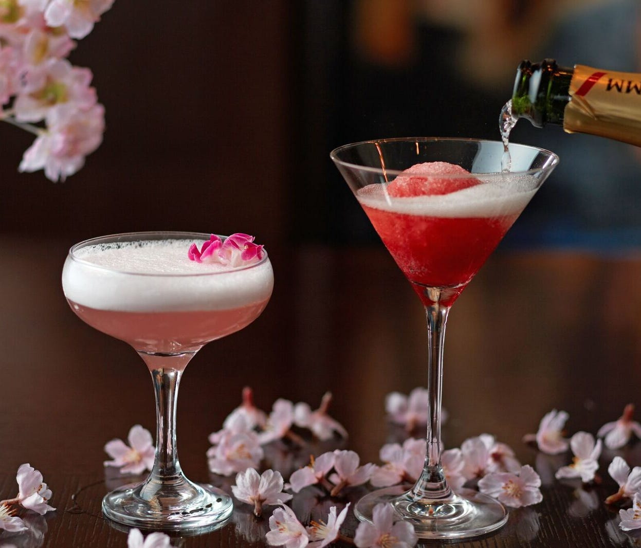 Also at Grand Hyatt Tokyo,  The Oak Door Bar will offer the Sakura cocktail with ROKU Japanese gin, sakura liqueur and lychee juice (left), and Sakura Champagne Sorbet (right).