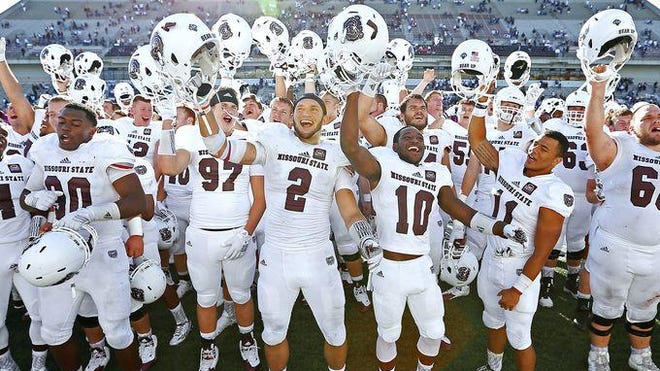 Missouri State’s football team celebrates in front of the student section following Saturday’s win over Chadron State.