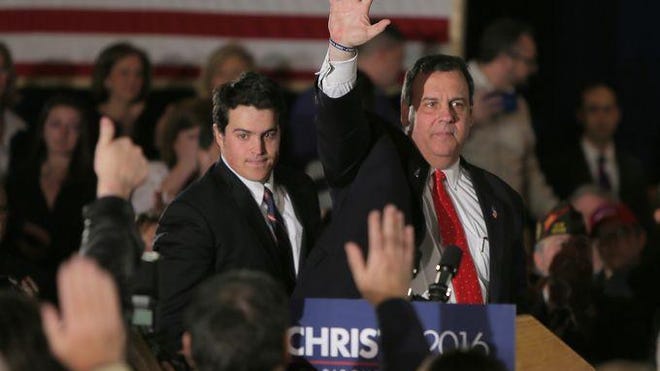 Republican presidential candidate Gov. Chris Christie is joined by his son Andrew as he departs his primary night headquarters at the Radisson Hotel in Nashua, NH, Tuesday, February 9, 2016. Photo by Thomas P. Costello / Asbury Park (NJ) Press