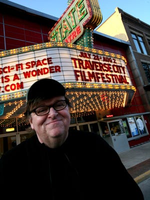 Michael Moore outside the State Theater in Traverse City in 2009.