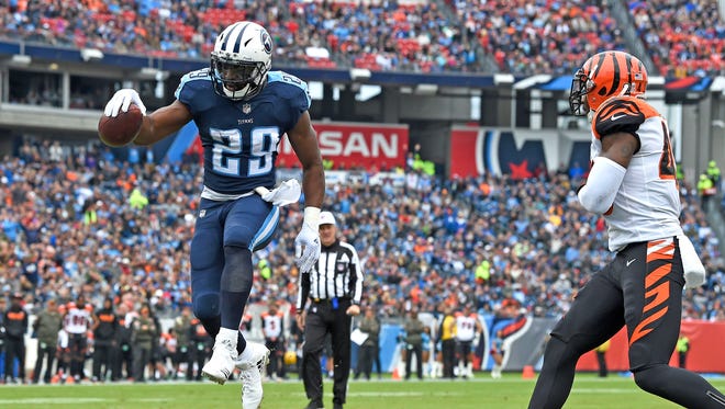 Titans running back DeMarco Murray (29) goes in for the team's first touchdown with a two-yard run at Nissan Stadium Sunday, Nov. 12, 2017 in Nashville, Tenn.