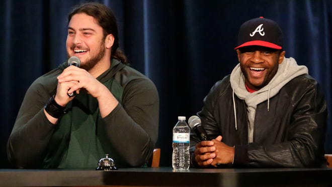 Green Bay Packers left tackle David Bakhtiari and wide receiver Randall Cobb joke around during Monday's Festival Foods Pack the Pantry Clubhouse Live charity show in Appleton. Watch a  replay at clubhouselive.com.