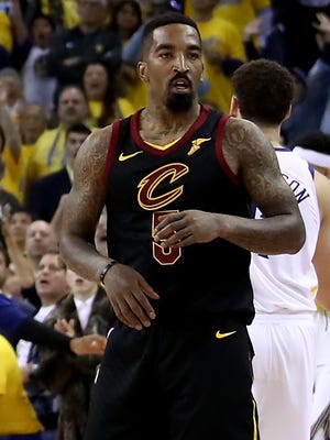 JR Smith reacts as time expires in regulation against the Golden State Warriors in Game 1 of the 2018 NBA Finals.