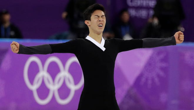 American Nathan Chen reacts following his performance during the men's free figure skating final in the Gangneung Ice Arena at the 2018 Winter Olympics in Gangneung, South Korea on Saturday.