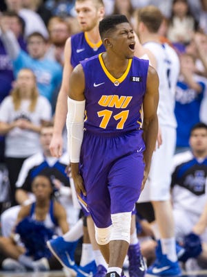 Northern Iowa guard Wes Washpun (11) reacts after being called for his fourth foul during the second half of the Panthers’ 61-51 win at Indiana State. Washpun scored 10 points as the Panthers won their 10th consecutive game.