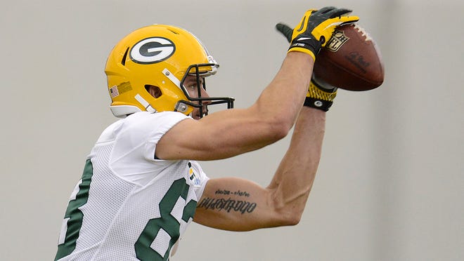 Green Bay Packers receiver Jeff Janis (83) makes a catch during rookie orientation camp inside the Don Hutson Center in Ashwaubenon on Friday, May 16, 2014. Evan Siegle/Press-Gazette Media