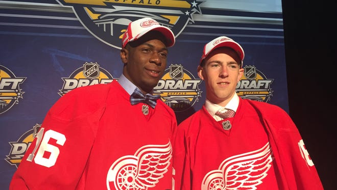 Detroit Red Wings second-round draft picks Givani Smith, left, and Filip Hronek pose after being selected in the NHL draft Saturday, June 25, 2016 in Buffalo, N.Y.