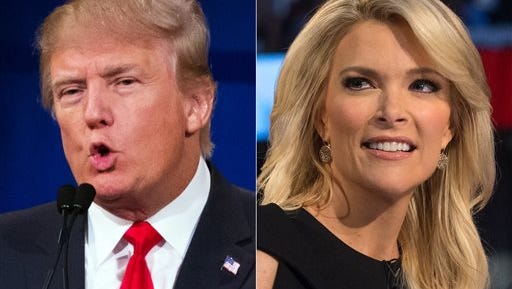 FILE - This file photo combination made from Aug. 6, 2015, photos shows Republican presidential candidate Donald Trump, left, and Fox News Channel host and moderator Megyn Kelly during the first Republican presidential debate at the Quicken Loans Arena, in Cleveland. Trump is welcoming Kelly back from a vacation with a broadside of criticism, tweeting that he liked her show better when she was away. Trump has been attacking Kelly ever since her tough questioning of him during the debate.