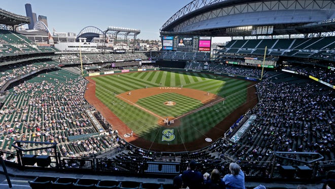 A message of thanks for fans is written on the infield of the Seattle Mariners' ballpark, Safeco Field, before a baseball game Sunday, Oct. 4, 2015, in Seattle.