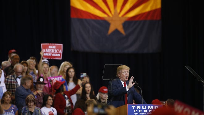 Donald Trump speaks at a rally at the Phoenix Convention Center on October 29, 2016 in Phoenix. Trump will return to the Convention Center on Aug. 22, 2017.