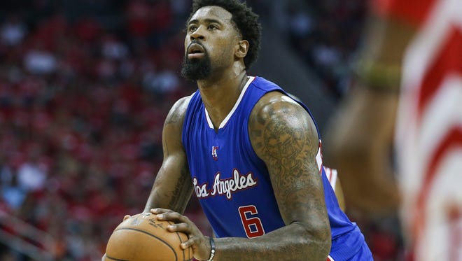 Los Angeles Clippers center DeAndre Jordan (6) attempts a free throw during the third quarter against the Houston Rockets in game two of the second round of the NBA Playoffs at Toyota Center.