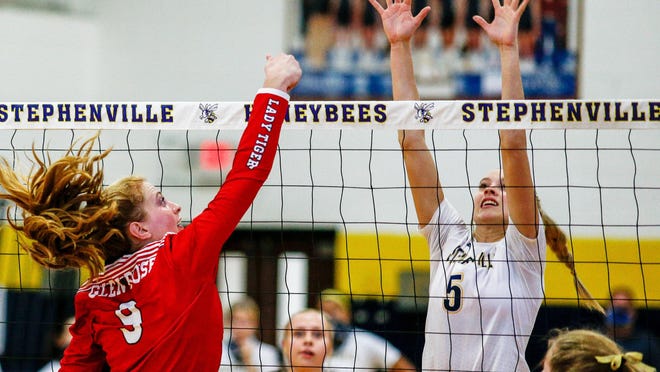 Glen Rose's Alexis Mims (9) flips the ball over the net just past a Stephenville player last Friday.