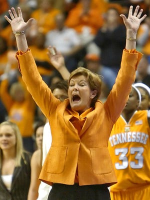 Tennessee Head Coach Pat Summitt and players celebrate in the last seconds of the second half against LSU during the SEC Women's Championship game at the Sommet Center in Nashville, Tenn., Sunday, March , 2008.