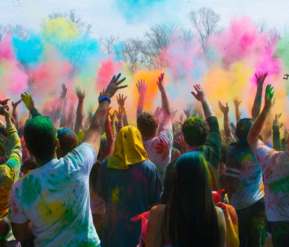 Holi celebrants in the Washington, D.C., area head to a temple in nearby Potomac, Md., to throw colors.