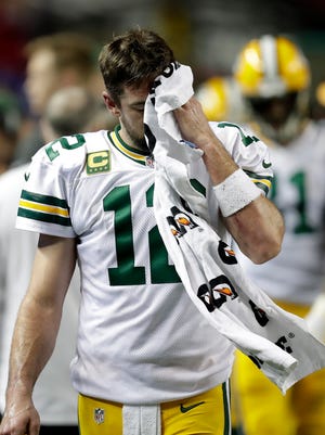 Green Bay Packers quarterback Aaron Rodgers (12) after leaving the game late in the fourth quarter of the Falcons 44 to 21 victory over the Packers.
The Green Bay Packers against the Atlanta Falcons during the NFC Championship game, January 22, 2017 at the Georgia Dome in Atlanta, Ga.