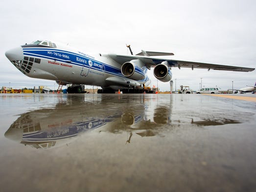 A Russian-built Ilyushin IL-76 cargo jet rests in the