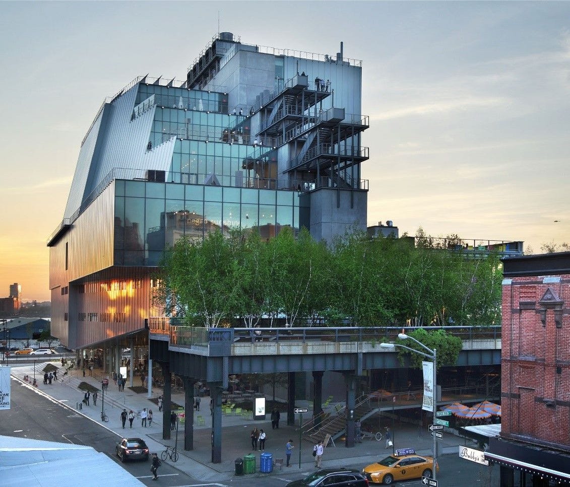 The Whitney Museum, Lower Manhattan, 2015 (Architect: Renzo Piano, Hon. FAIA): The Whitney focuses on 20th- and 21st-century American art. Its permanent collection comprises more than 21,000 paintings, sculptures, drawings, prints, photographs, films