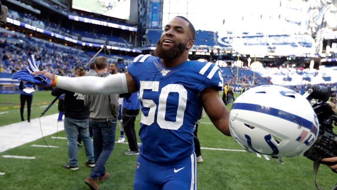 Former Indianapolis Colts middle linebacker Anthony Walker (50) said winning is the most important thing to him and that's why he chose to sign with the Browns. [Michael Conroy/Associated Press]