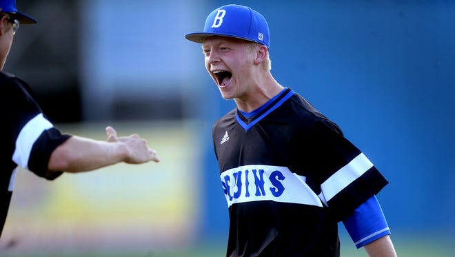 Brentwood’s Connor Gibson (5) celebrates making an out against Stewarts Creek after tossing the ball to first after pitching during the Class AAA Baseball State Championship game at Spring Fling on Friday, May 26, 2017.