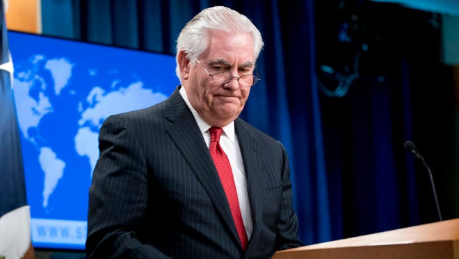 Secretary of State Rex Tillerson steps away from the podium after speaking at the State Department in Washington, Tuesday, March 13, 2018. President Donald Trump fired  Tillerson on Tuesday and said he would nominate CIA Director Mike Pompeo to replace him, in a major staff reshuffle just as Trump dives into high-stakes talks with North Korea. (AP Photo/Andrew Harnik)