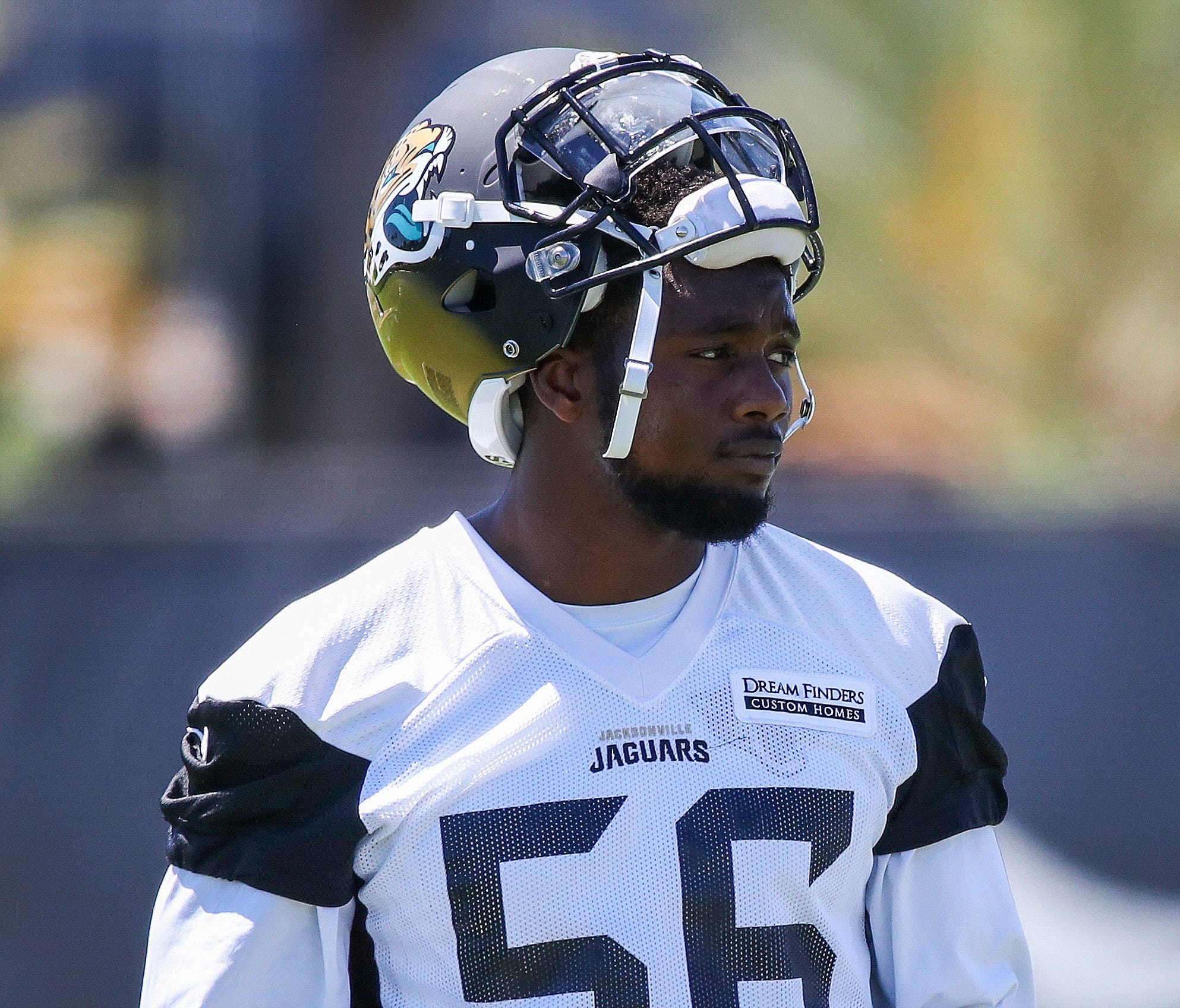 Jacksonville Jaguars defensive end Dante Fowler (56) looks on during organized team activities at Everbank Field.