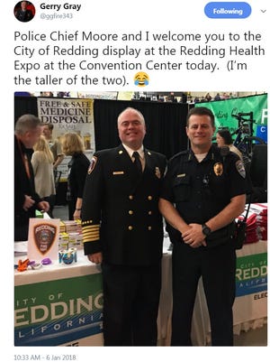 In this January 2018, Redding Fire Chief Gerry Gray, left, stands next to Redding Police Chief Roger Moore.They were at the Redding Health Expo.