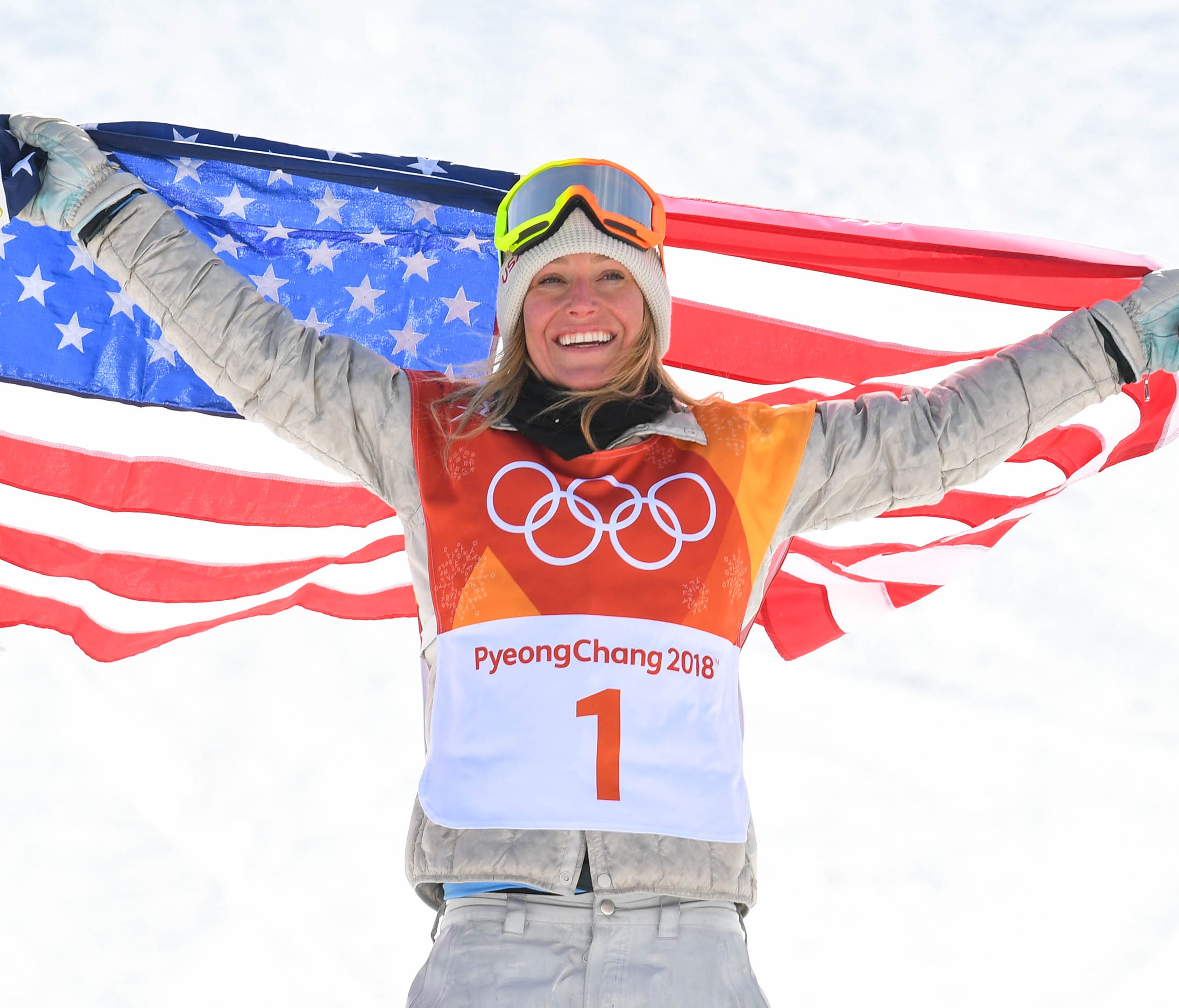 Jamie Anderson celebrates winning gold in the snowboard slopestyle final during the Pyeongchang 2018 Olympic Winter Games at Phoenix Snow Park.
