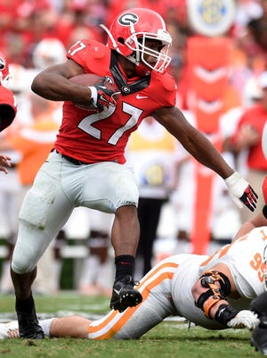 Paired with Sony Michel, running back Nick Chubb (27) gives Georgia one of the best rushing tandems in the SEC.