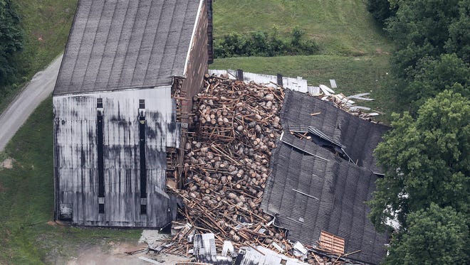 A partially-collapsed bourbon warehouse at the Barton 1792 distillery in Bardstown, Kentucky.June 23, 2018