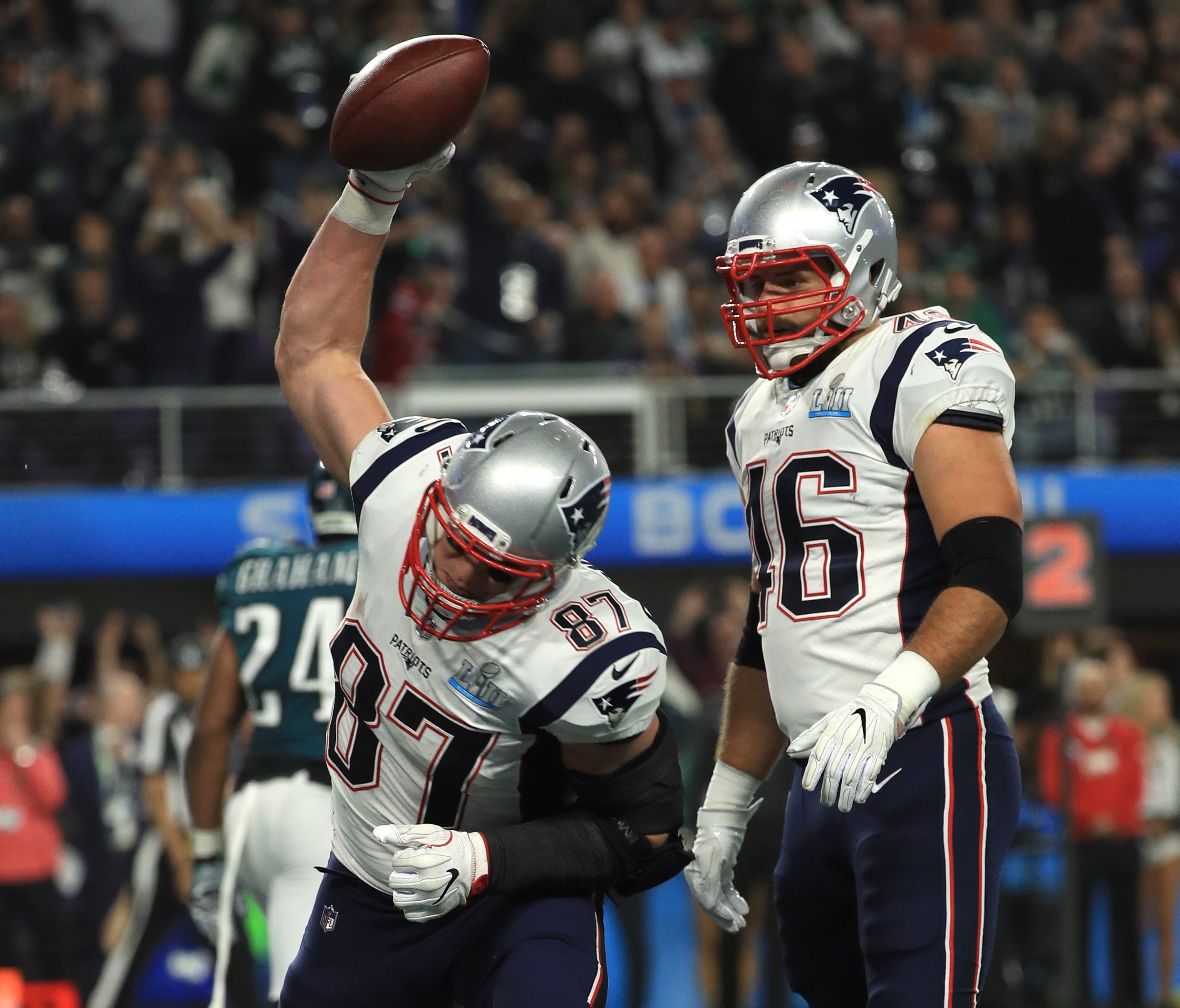 Rob Gronkowski #87 celebrates his 5 yard touchdown reception with James Develin #46 of the New England Patriots against the Philadelphia Eagles during the third quarter in Super Bowl LII at U.S. Bank Stadium on February 4, 2018 in Minneapolis.