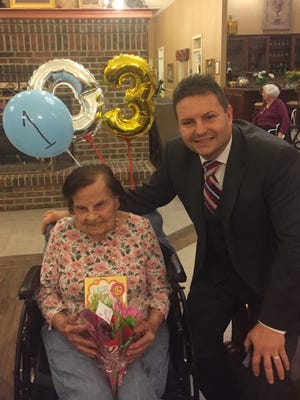 Parsippany Councilman Robert Peluso visits Veronica “Ronnie” Minaieskas on her 103rd birthday on Nov. 27, 2016.