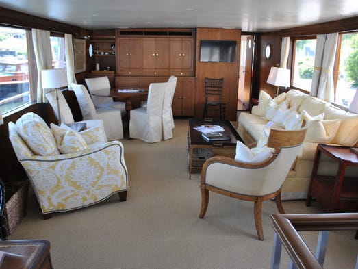 The salon on this Trumpy built in 1972 has complicated updates,