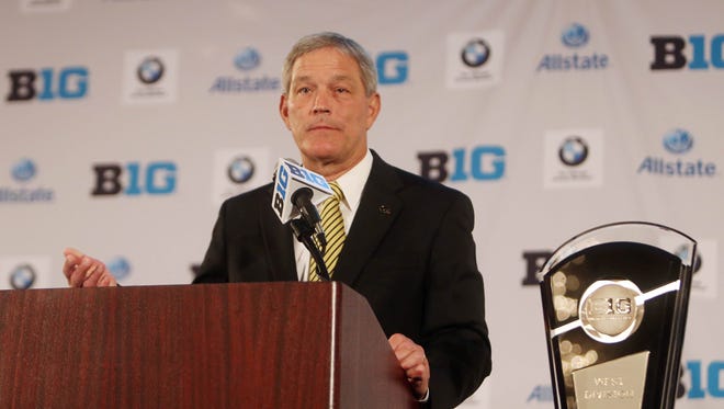 Jul 28, 2014; Chicago, IL, USA; Iowa Hawkeyes head coach Kirk Ferentz addresses the media during the Big Ten football media day at Hilton Chicago.