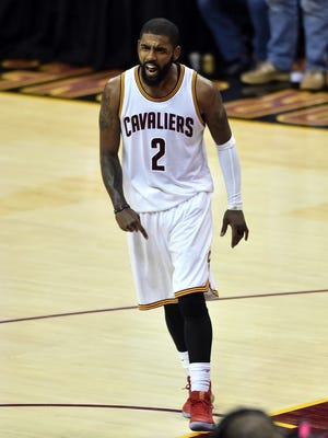 Jun 9, 2017: Cleveland Cavaliers guard Kyrie Irving (2) celebrates during the fourth quarter against the Golden State Warriors in game four of the Finals for the 2017 NBA Playoffs at Quicken Loans Arena.