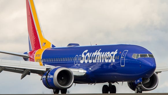 A Southwest Airlines Boeing 737 Max 8 jet lands at