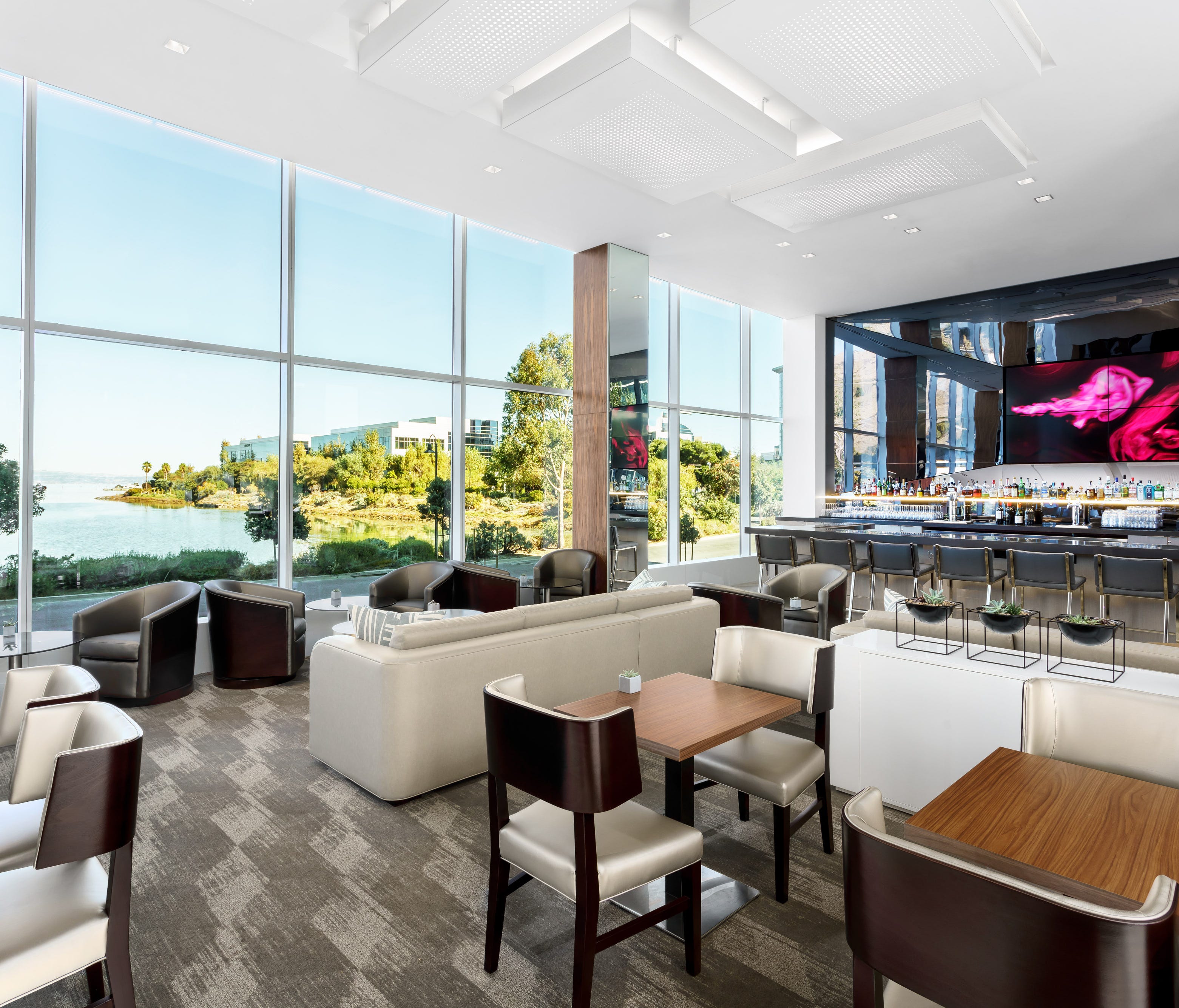 A new AC Hotel has opened near San Francisco International Airport. This is the lounge by day.