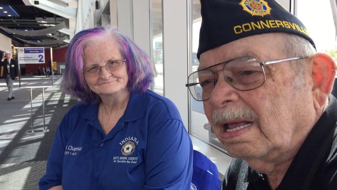 American Legion members Marti and Dave Chapman of Indiana discuss their views on President Trump ahead of his speech in Reno.