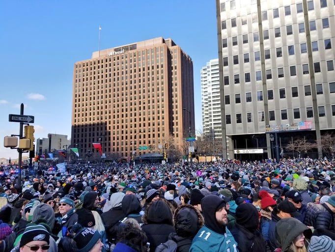 Happy fans at the Eagles Super Bowl parade.